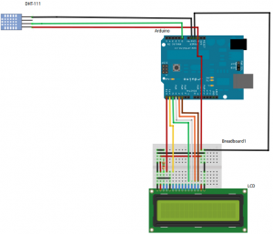 Fig 1: Circuit to wire up the Arduino the LCD and the DHT11 sensor